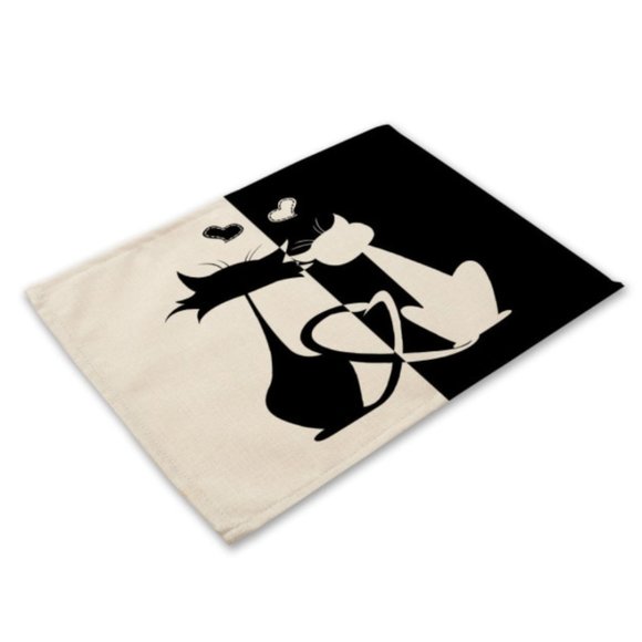 Adorable Kitties in love black and white graphic canvas place mats Set of 4 - Picture 1 of 5